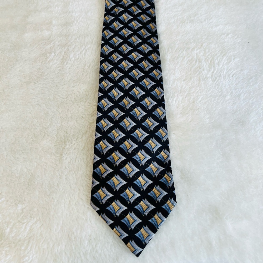 Valentino Geometric Patterned Tie in Black, Blue, and Gold